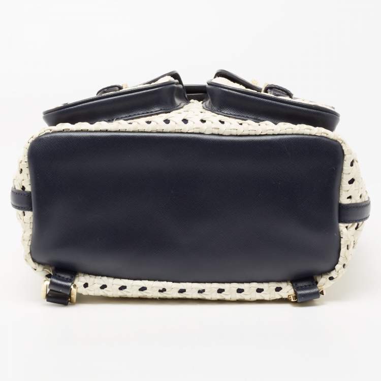 مملوكة مسبقًا Tory Burch Navy Blue/White Woven and Saffiano Leather Piper Backpack