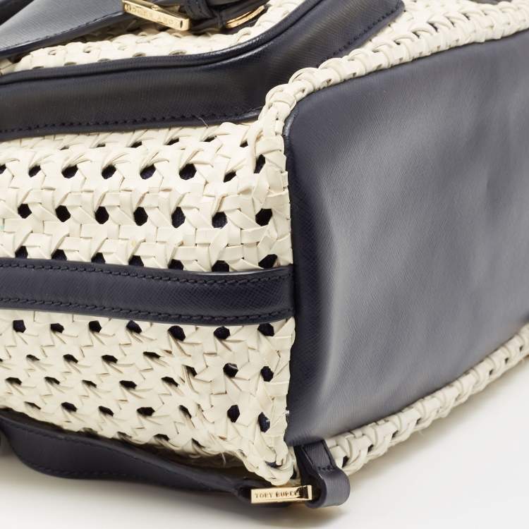 مملوكة مسبقًا Tory Burch Navy Blue/White Woven and Saffiano Leather Piper Backpack