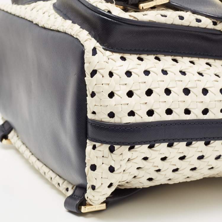مملوكة مسبقًا Tory Burch Navy Blue/White Woven and Saffiano Leather Piper Backpack