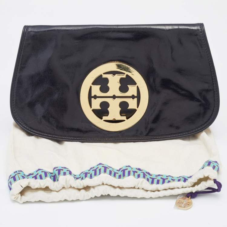 Pre Owned Tory Burch Black Patent Leather Reva Flap Clutch