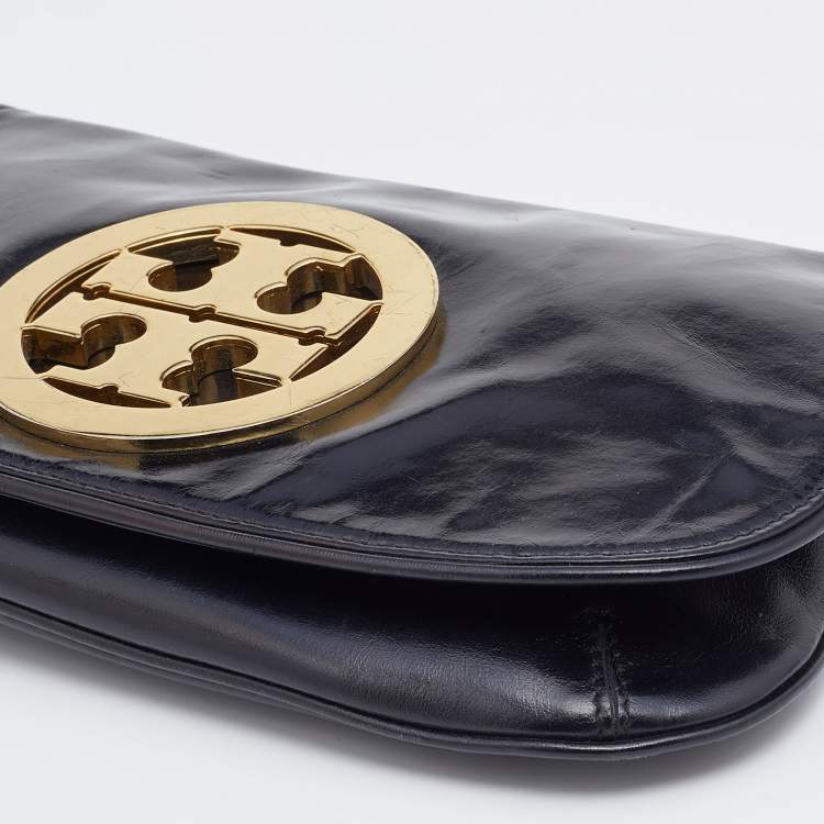 Pre Owned Tory Burch Black Patent Leather Reva Flap Clutch