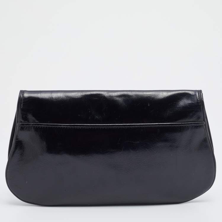 Pre Owned Tory Burch Black Patent Leather Reva Flap Clutch