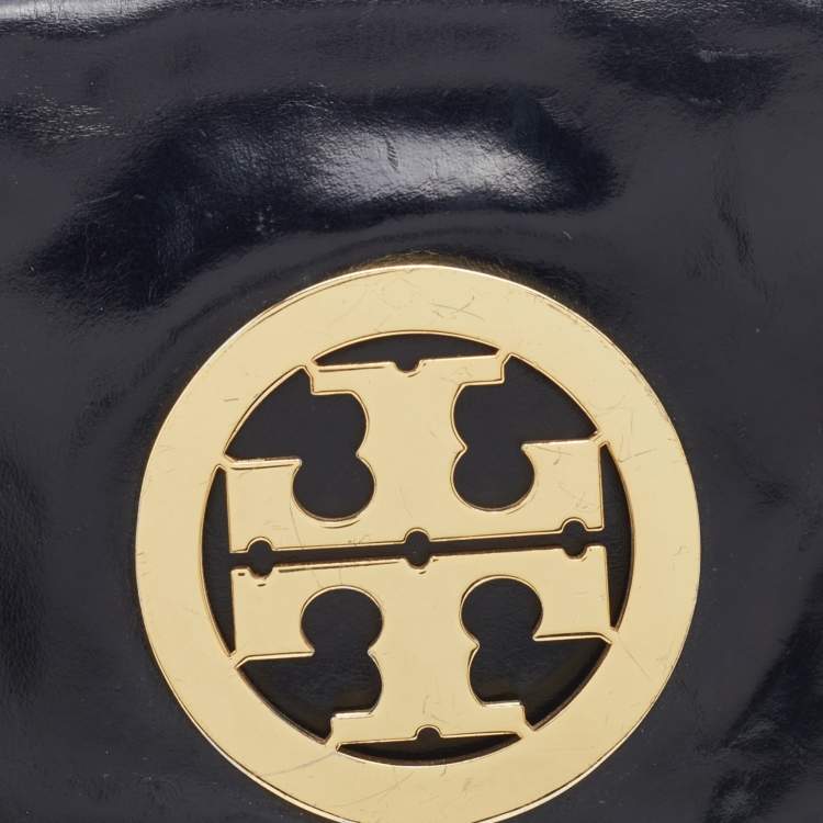 Pre Owned Tory Burch Black Patent Leather Reva Flap Clutch