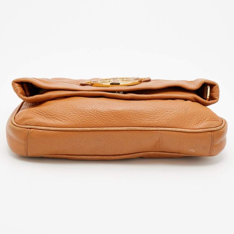 Pre Owned Tory Burch Tan Leather Logo Amanda Foldover Crossbody Bag