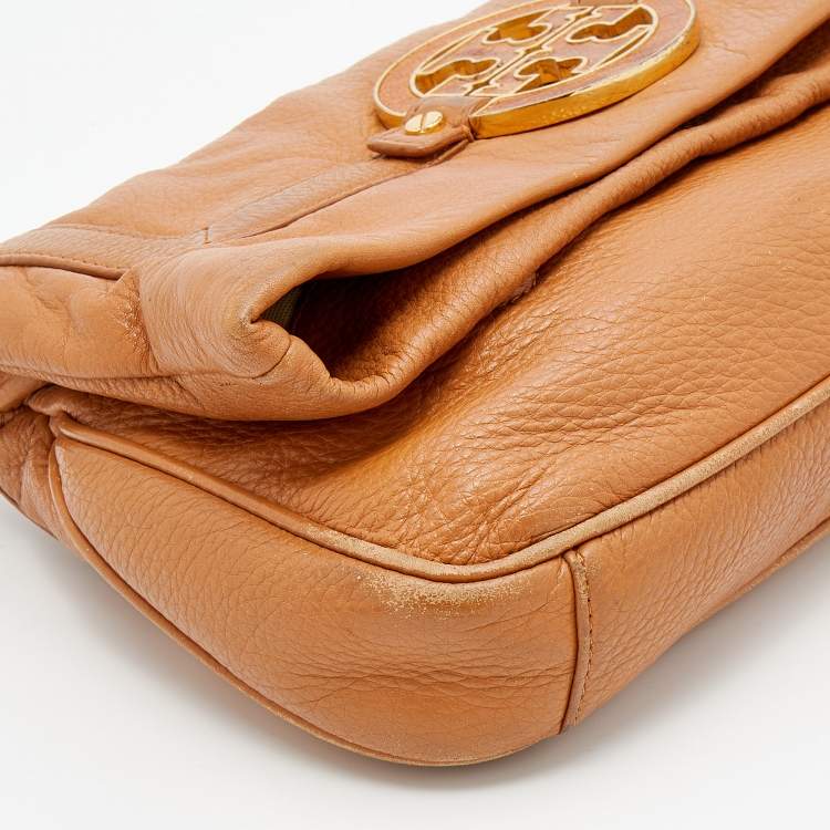 Pre Owned Tory Burch Tan Leather Logo Amanda Foldover Crossbody Bag