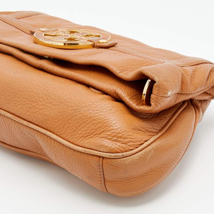 Pre Owned Tory Burch Tan Leather Logo Amanda Foldover Crossbody Bag