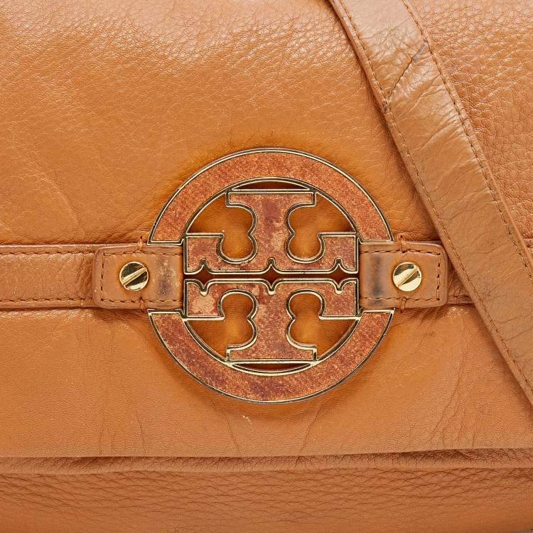 Pre Owned Tory Burch Tan Leather Logo Amanda Foldover Crossbody Bag