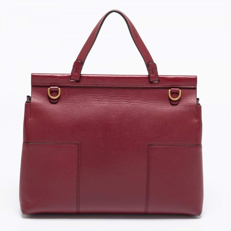 Pre Owned Tory Burch Burgundy Leather Block T Top Handle Bag