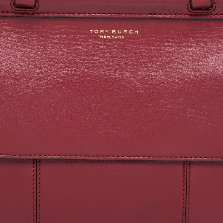 Pre Owned Tory Burch Burgundy Leather Block T Top Handle Bag