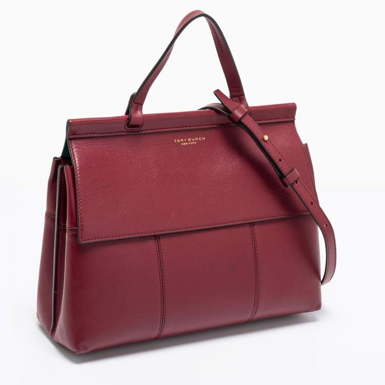 Pre Owned Tory Burch Burgundy Leather Block T Top Handle Bag