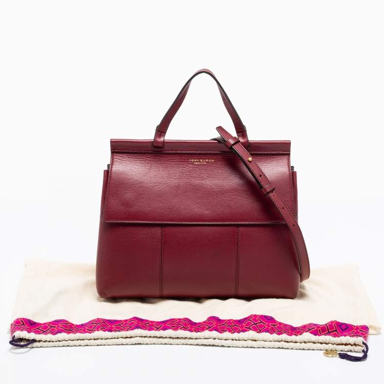 Pre Owned Tory Burch Burgundy Leather Block T Top Handle Bag