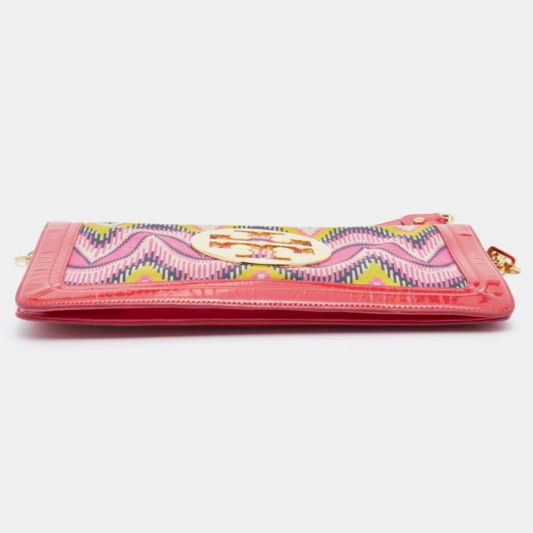 Pre Owned Tory Burch Multicolor Printed Canvas and Patent Leather Reva Flap Chain Clutch