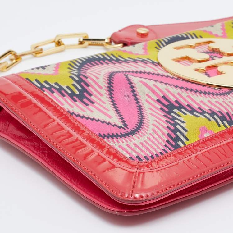 Pre Owned Tory Burch Multicolor Printed Canvas and Patent Leather Reva Flap Chain Clutch