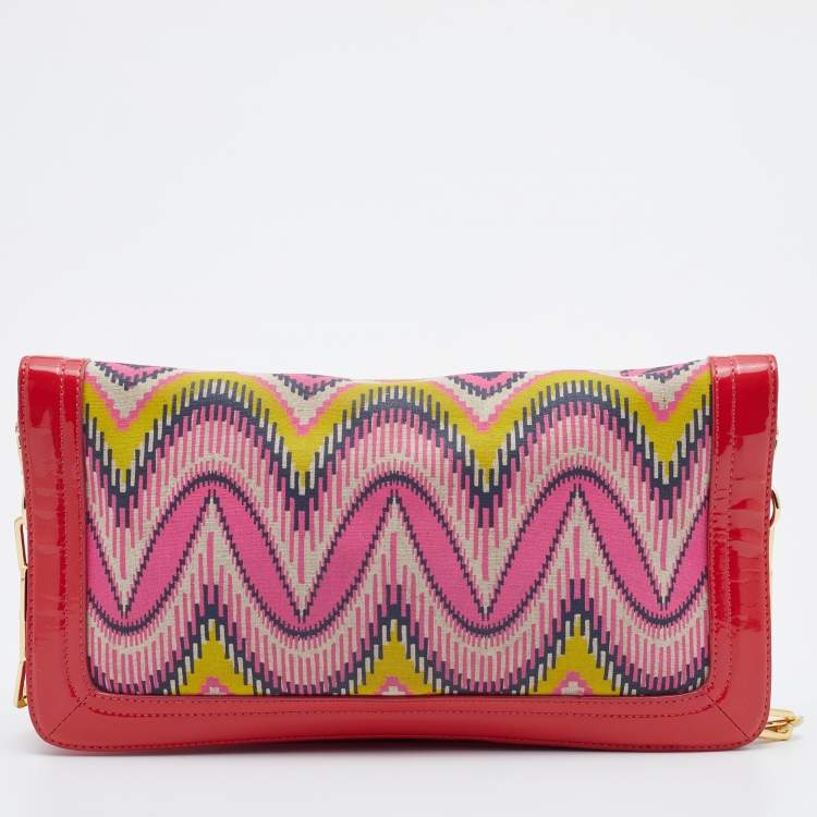 Pre Owned Tory Burch Multicolor Printed Canvas and Patent Leather Reva Flap Chain Clutch