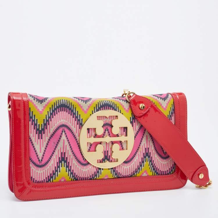 Pre Owned Tory Burch Multicolor Printed Canvas and Patent Leather Reva Flap Chain Clutch