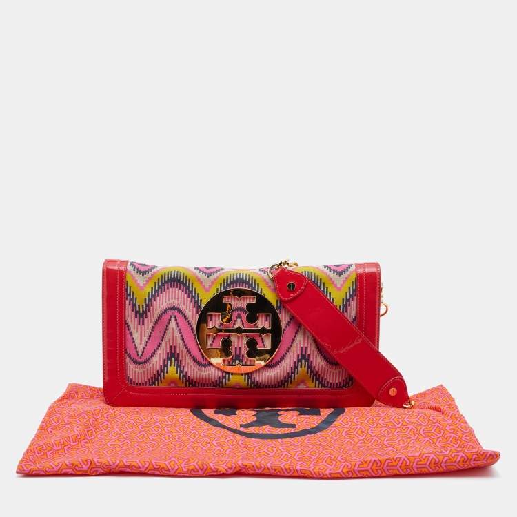 Pre Owned Tory Burch Multicolor Printed Canvas and Patent Leather Reva Flap Chain Clutch
