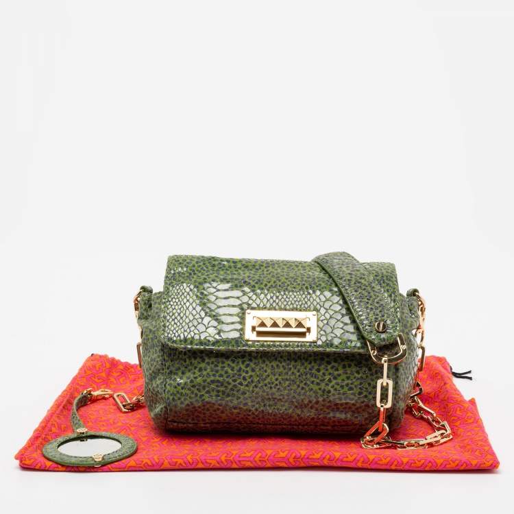 Pre Owned Tory Burch Green/Blue Python Print Patent Leather Shoulder Bag