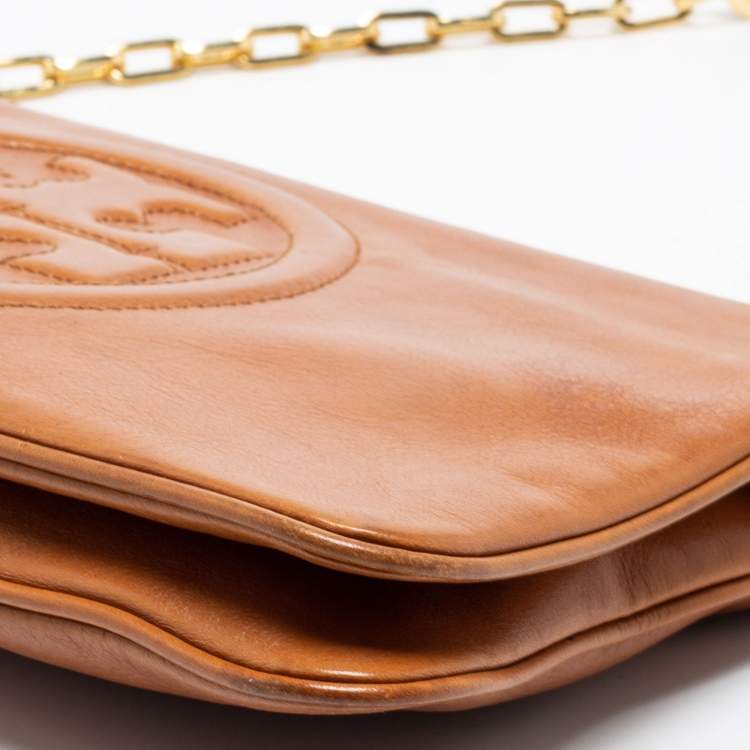 Pre Owned Tory Burch Tan Leather Bombe Reva Clutch