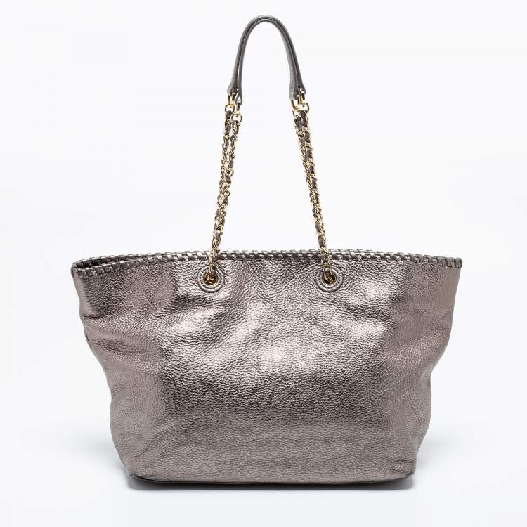 Pre Owned Tory Burch Metallic Grey Leather Marion Tote