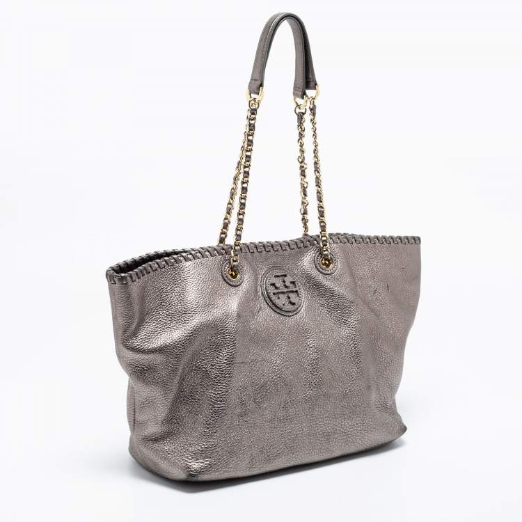 Pre Owned Tory Burch Metallic Grey Leather Marion Tote