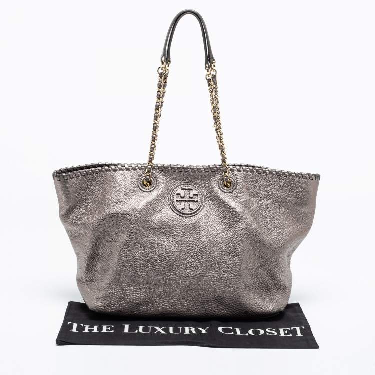Pre Owned Tory Burch Metallic Grey Leather Marion Tote
