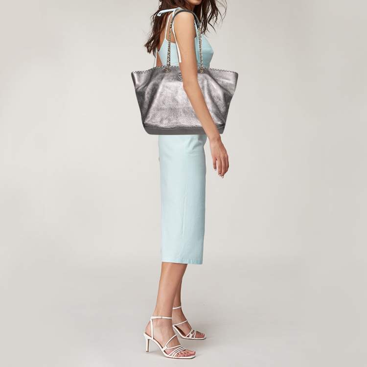 Pre Owned Tory Burch Metallic Grey Leather Marion Tote