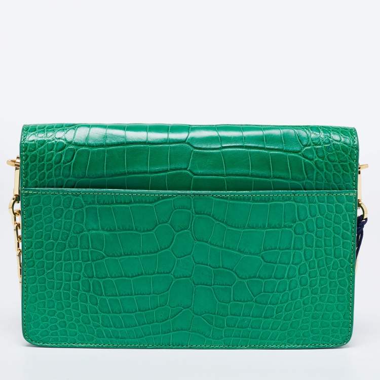 Pre Owned Tory Burch Green Alligator Robinson Envelope Flap Clutch Bag