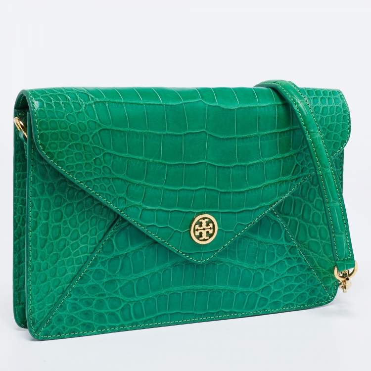 Pre Owned Tory Burch Green Alligator Robinson Envelope Flap Clutch Bag