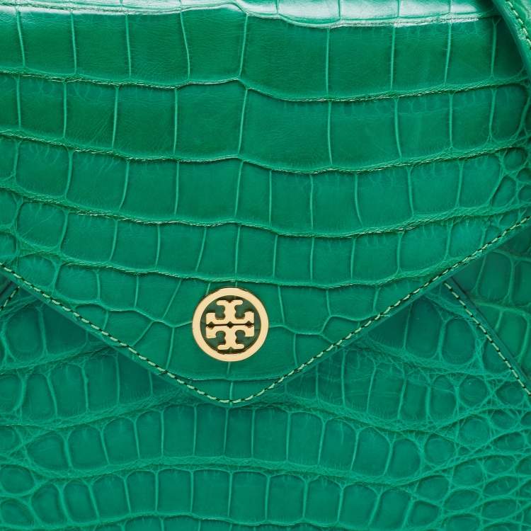 Pre Owned Tory Burch Green Alligator Robinson Envelope Flap Clutch Bag