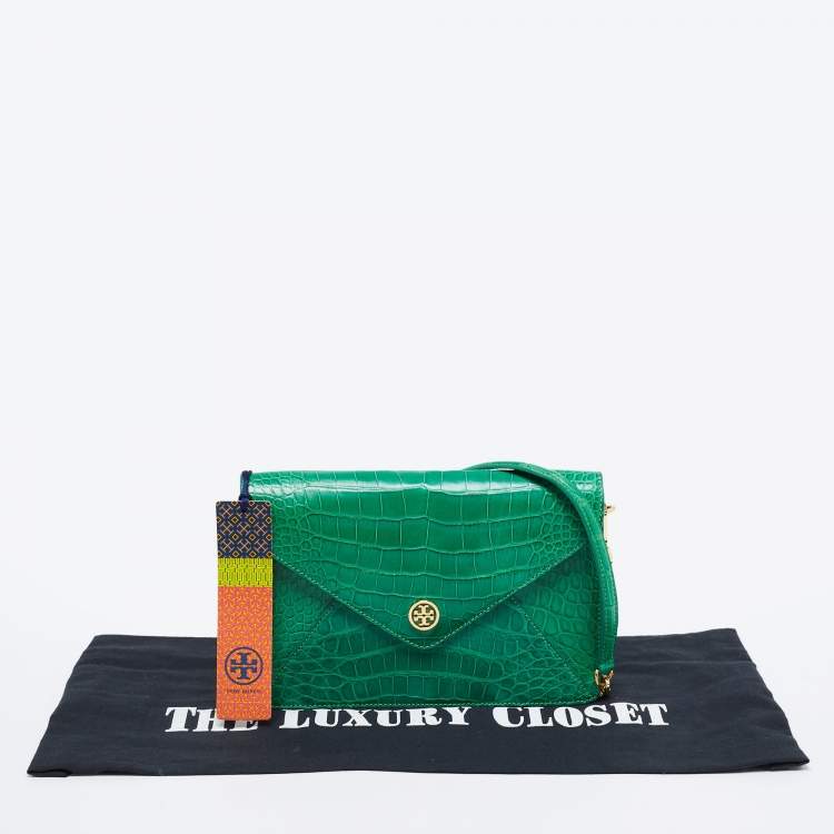 Pre Owned Tory Burch Green Alligator Robinson Envelope Flap Clutch Bag