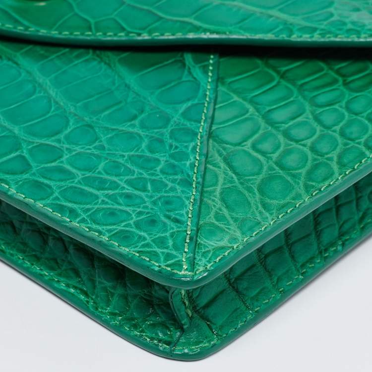 Pre Owned Tory Burch Green Alligator Robinson Envelope Flap Clutch Bag