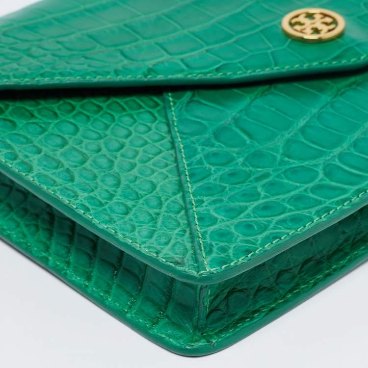 Pre Owned Tory Burch Green Alligator Robinson Envelope Flap Clutch Bag