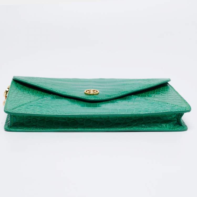 Pre Owned Tory Burch Green Alligator Robinson Envelope Flap Clutch Bag
