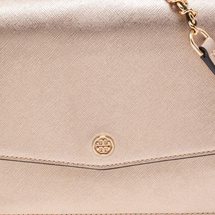 Pre Owned Tory Burch Metallic Rose Gold Leather Robinson Convertible Shoulder Bag