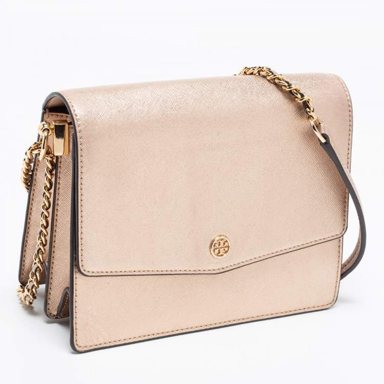 Pre Owned Tory Burch Metallic Rose Gold Leather Robinson Convertible Shoulder Bag