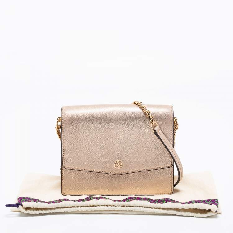 Pre Owned Tory Burch Metallic Rose Gold Leather Robinson Convertible Shoulder Bag