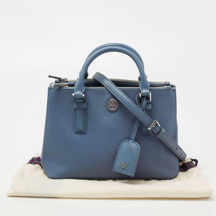 Pre Owned Tory Burch Blue Leather Mini Robinson Double Zip Tote