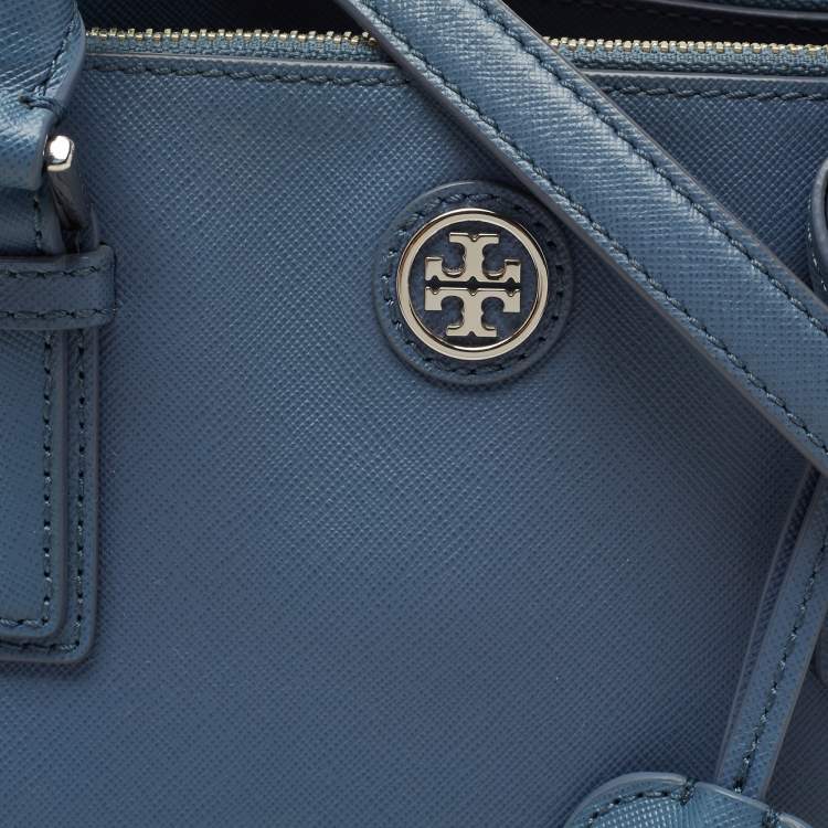 Pre Owned Tory Burch Blue Leather Mini Robinson Double Zip Tote