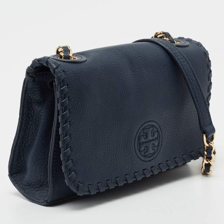 Pre Owned Tory Burch Blue Leather Marion Crossbody Bag