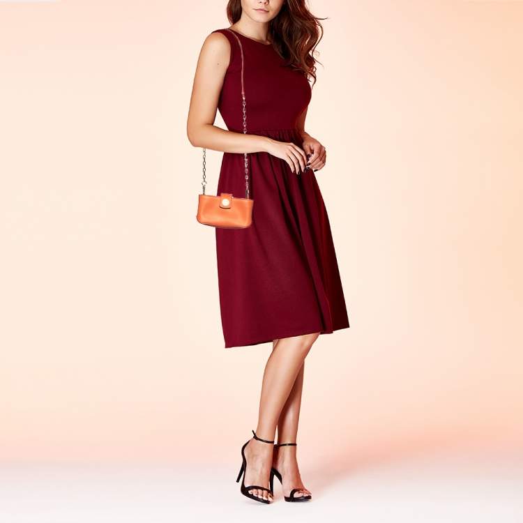 Pre Owned Tory Burch Orange Leather Wallet on Chain