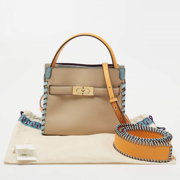 Pre Owned Tory Burch Beige/Blue Leather and Suede Petite Whipstitch Lee Radziwill Top Hande Bag