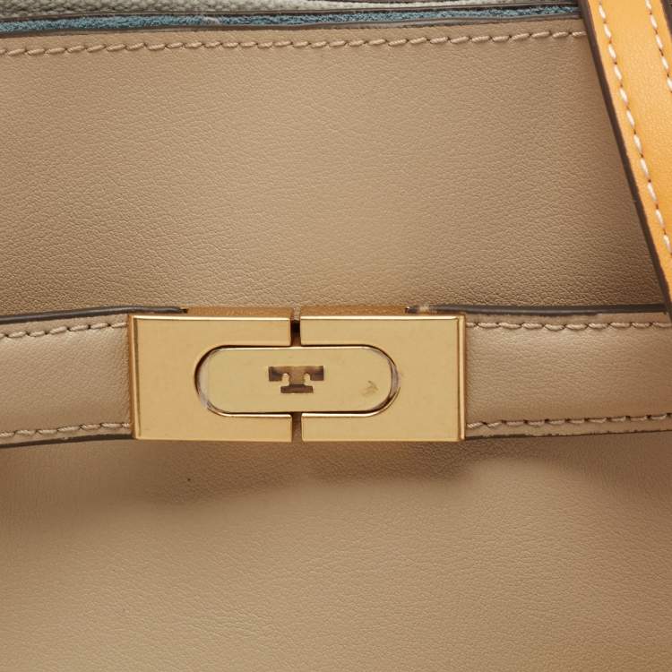 Pre Owned Tory Burch Beige/Blue Leather and Suede Petite Whipstitch Lee Radziwill Top Hande Bag
