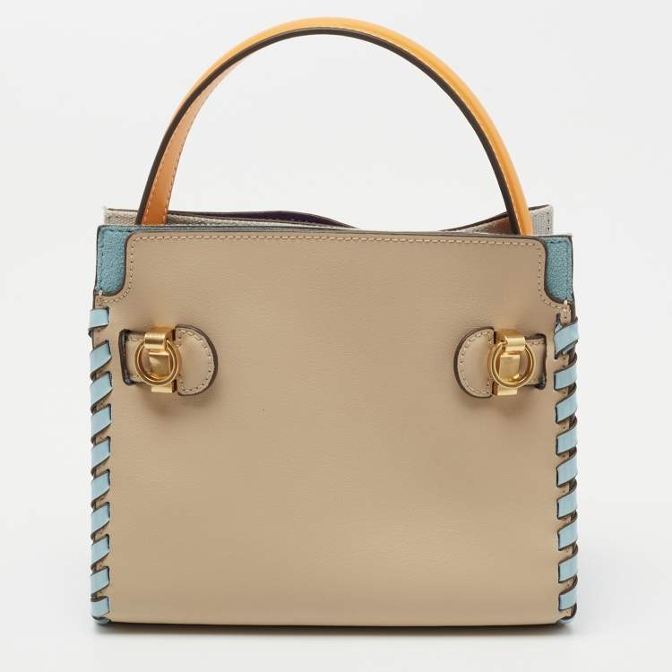 Pre Owned Tory Burch Beige/Blue Leather and Suede Petite Whipstitch Lee Radziwill Top Hande Bag