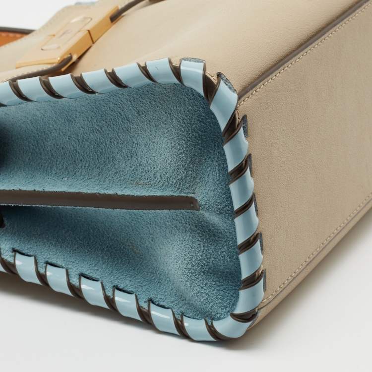 Pre Owned Tory Burch Beige/Blue Leather and Suede Petite Whipstitch Lee Radziwill Top Hande Bag