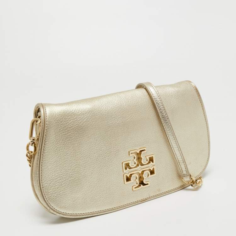 Pre Owned Tory Burch Metallic Gold Leather Britten Crossbody Bag