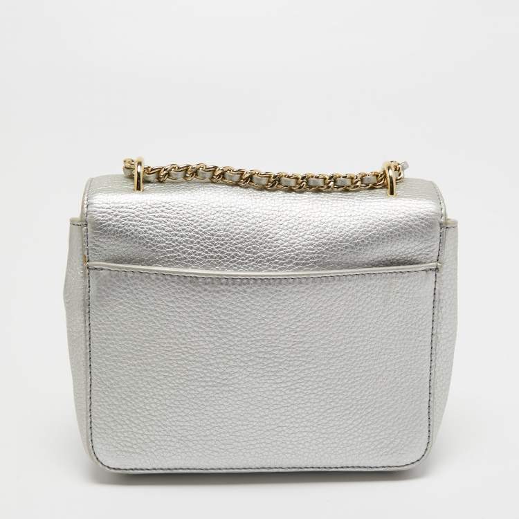 Pre Owned Tory Burch Silver Leather Mini Kira Crossbody Bag