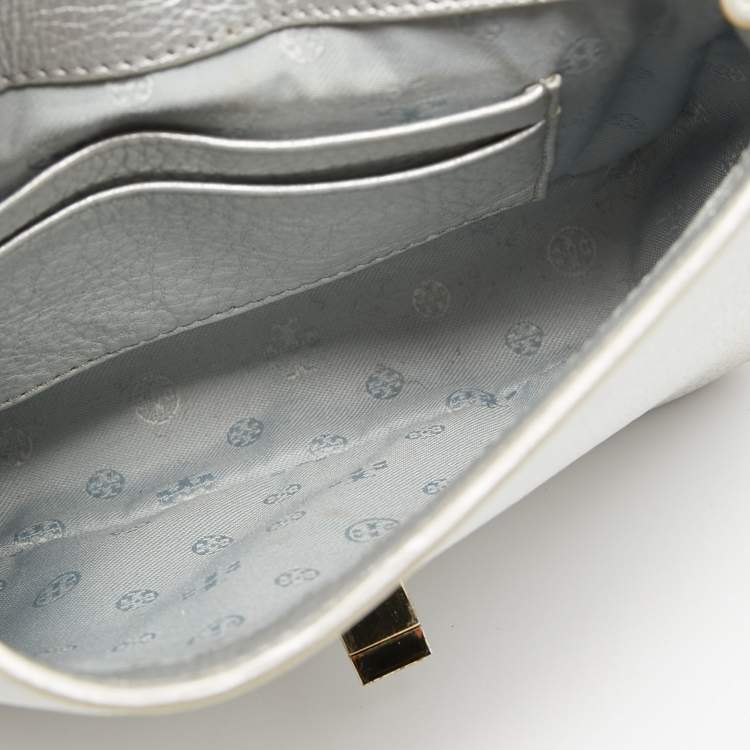 Pre Owned Tory Burch Silver Leather Mini Kira Crossbody Bag