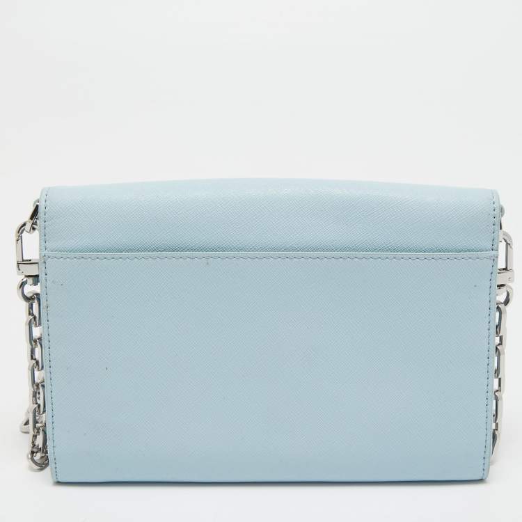 Pre Owned Tory Burch Light Blue Leather Robinson Wallet On Chain