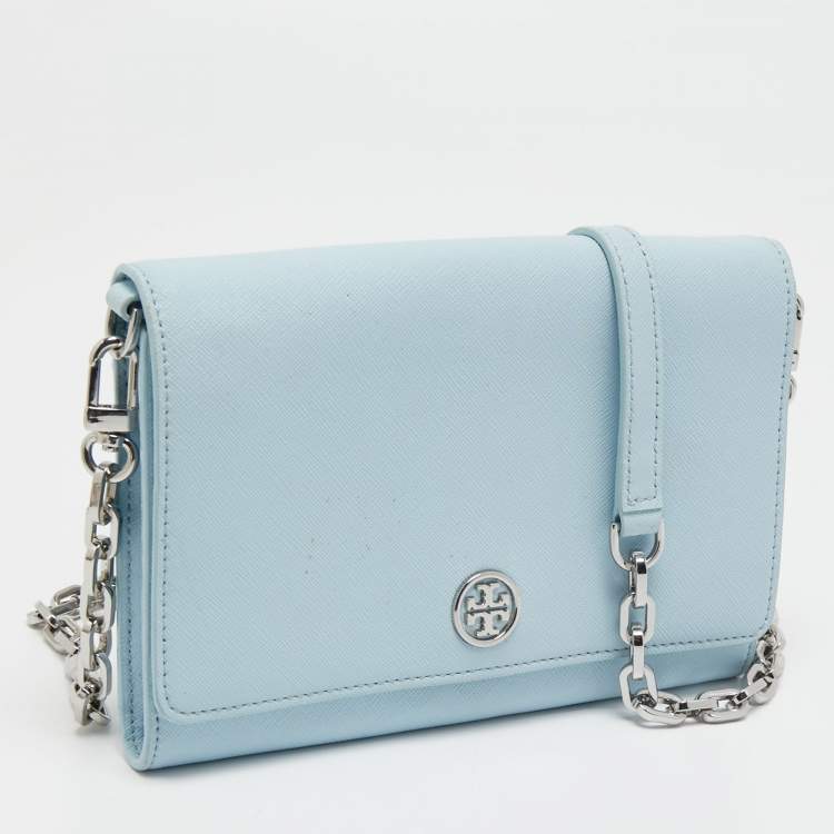 Pre Owned Tory Burch Light Blue Leather Robinson Wallet On Chain