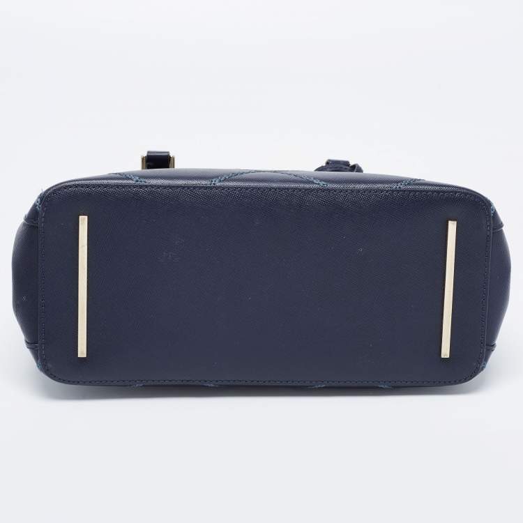 Pre Owned Tory Burch Navy Blue Quilt Stitched Leather Robinson Tote